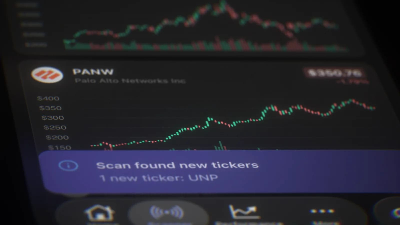 The Scanr.ai app on an iPhone showing a PANW candlestick chart, with a scan alert across the bottom reading 'Scan found new tickers, 1 new ticker: UNP'.