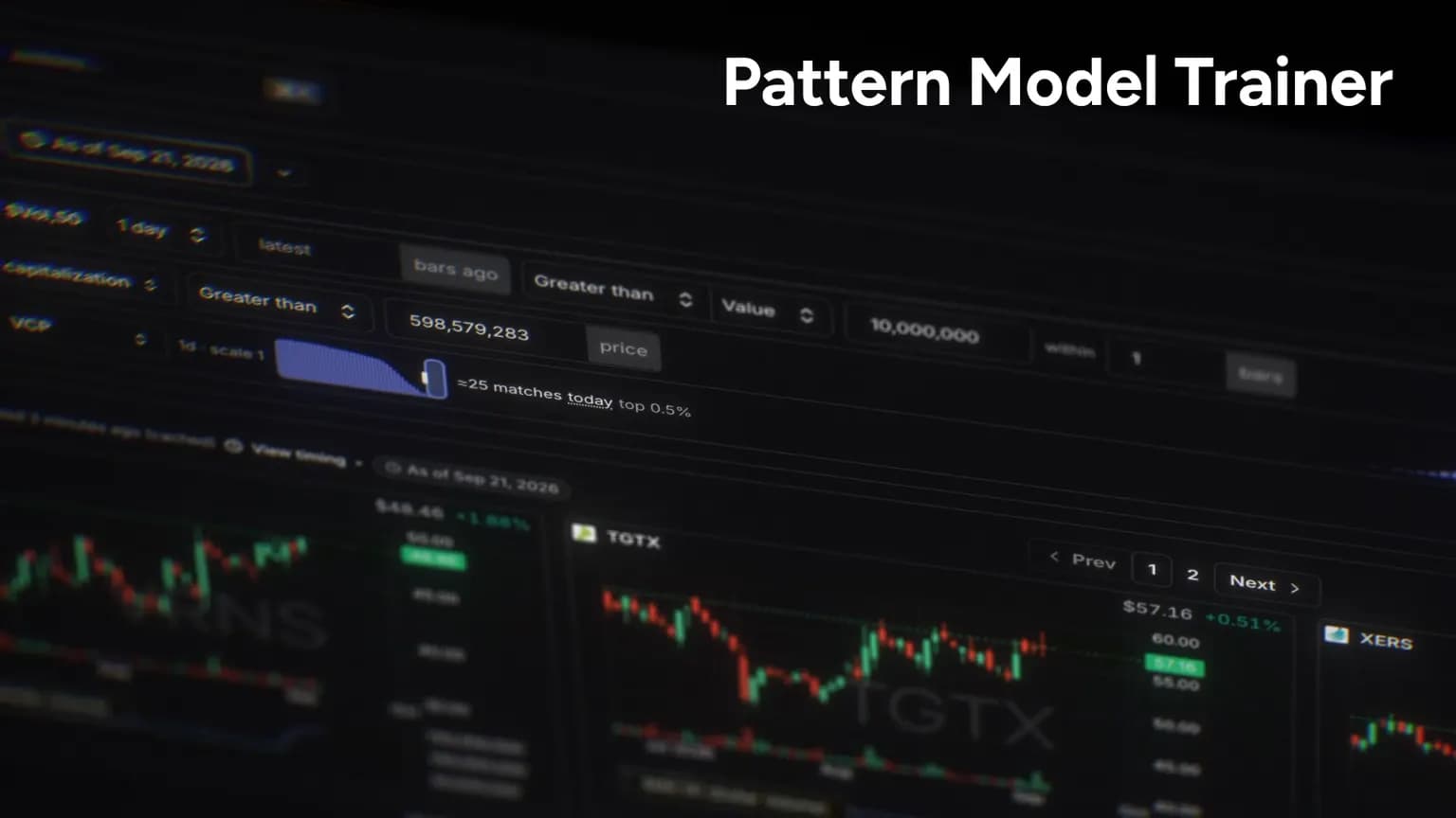 The Scanr.ai scanner seen at an angle on a dark background, under the title Pattern Model Trainer. The filter rows read 50-day dollar volume over 10,000,000, market cap over 598,579,283, and a VCP pattern model on 1d, scale 1, with its slider cut at the top 0.5% and about 25 matches. The scan runs as of Sep 21, 2026, and a grid of daily candlestick results fills the lower half, led by TGTX.