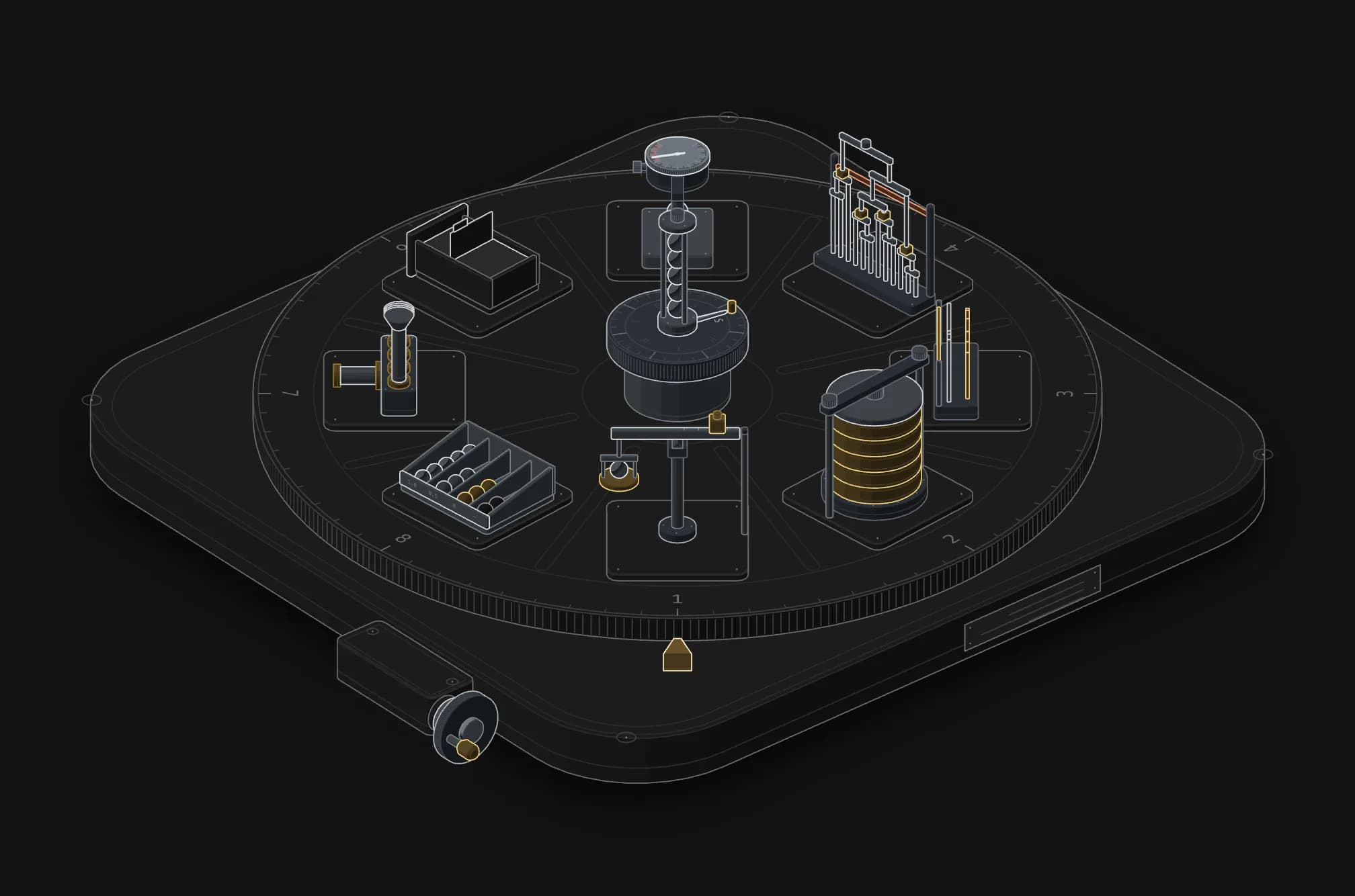 A rotary indexing table on a heavy base, turned by a handwheel. Eight stations stand round its platter, one per step of the weekly theme classifier: a magazine of ball bearings over a gate block, a steelyard, a sieve shaker of five sieves, a dendrogram built of rods with brass blocks at its accepted clusters and a copper cut bar, a dial gauge over a ball, a card-index drawer with one card raised, a manifold of four inlets into one outlet, and a grading tray of four bins. A seven-day timer stands on the hub.