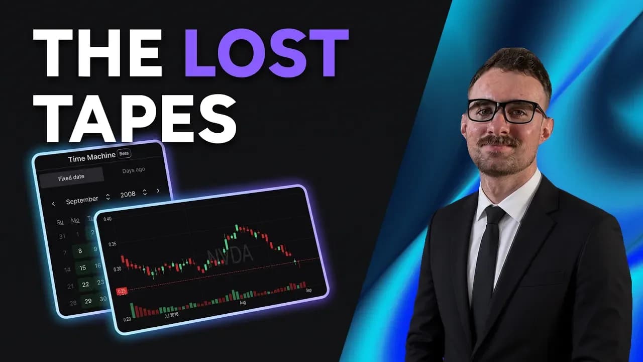 The Lost Tapes video thumbnail: the words THE LOST TAPES above the Time Machine date picker set to September 2008 and an NVDA candlestick chart from that summer, beside Eoin, the founder of Scanr.ai, in a black suit and glasses.