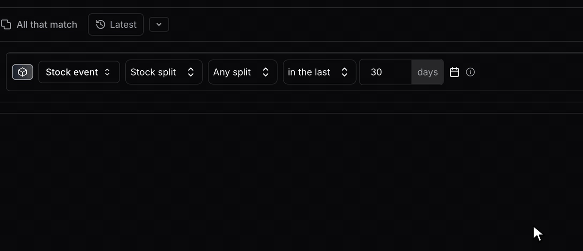 A Stock event row in the Scanr.ai scan builder, dark theme, enlarged. The cursor opens the event menu, which offers Stock split and Earnings, and keeps Stock split. It opens the split direction menu, passes Forward split and picks Reverse split, then opens the window menu, passes in the next and keeps in the last. Last it opens Common windows, runs across 7d, 14d and 30d, and picks 90d, leaving the row reading Stock split, Reverse split, in the last 90 days.